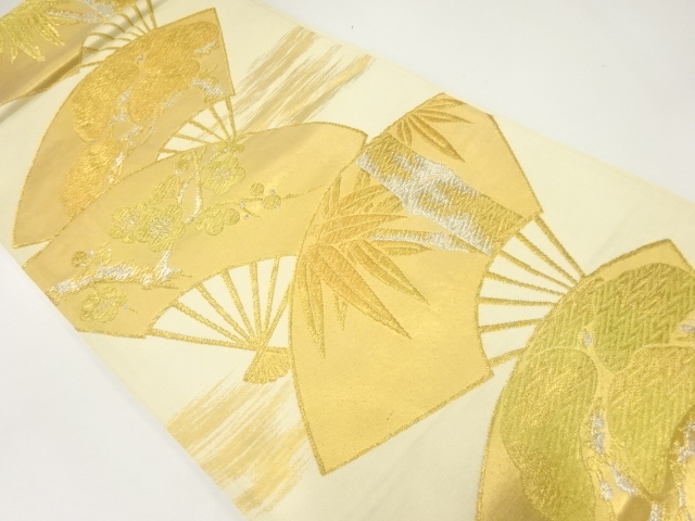 JAPANESE KIMONO / ANTIQUE FUKURO OBI / SILK / WOVEN FOLDING FAN & SHOCHIKUBAI